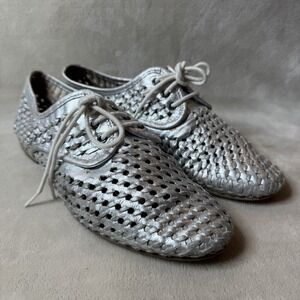 Women's Dune London Woven Leather Derby Shoes Silver Lace-Up‎ Size 9